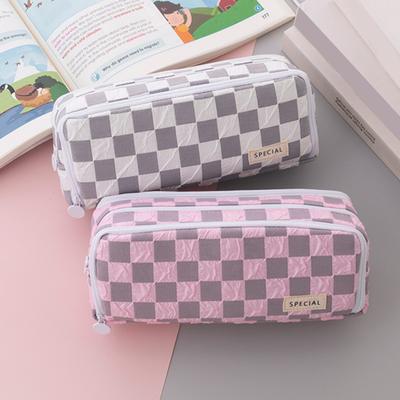Pencil Case 3 Compartments Large Capacity Color Matching Zipper Closure Checked Pattern Pencil Bag School Girls Boys Pencil Storage Pouch
