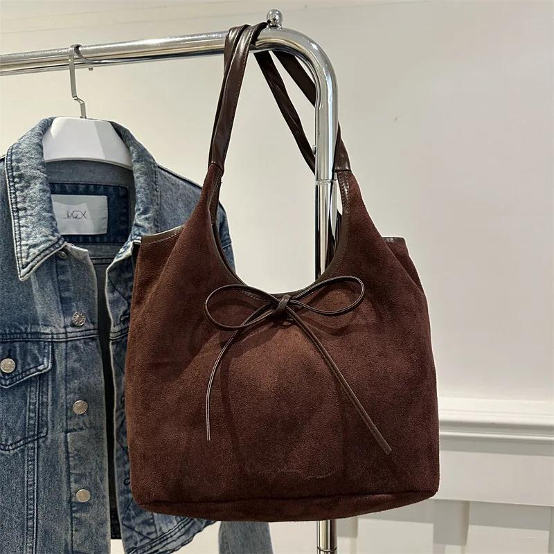 Fashion Bow Design Shoulder Bags for Women Vintage Faux Suede Ladies Commuter Underarm Tote Bag Female Large Capacity Handbags