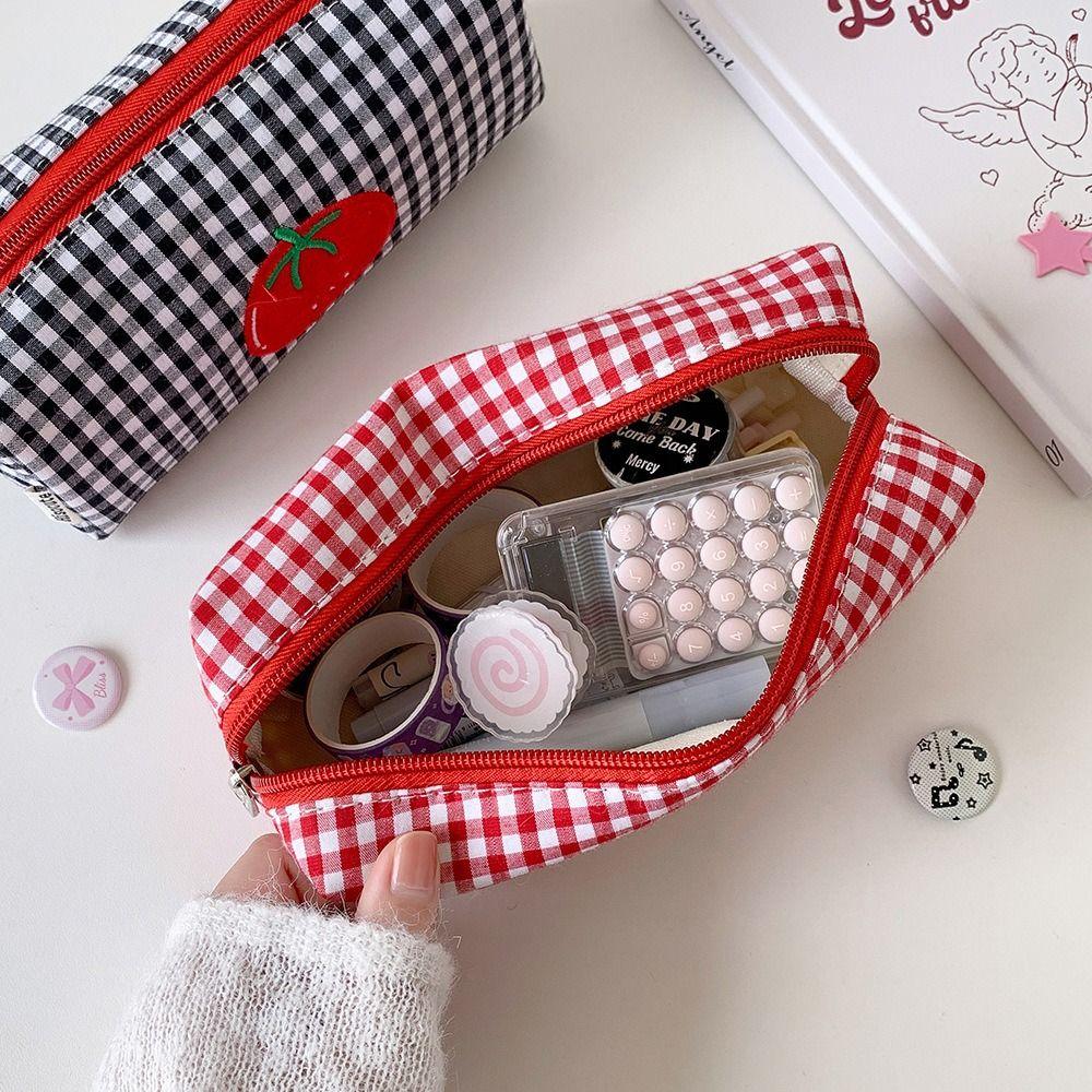 Tomato Gingham Makeup Bag Canvas Cosmetic Bag Cartoon Pencil Case  Students