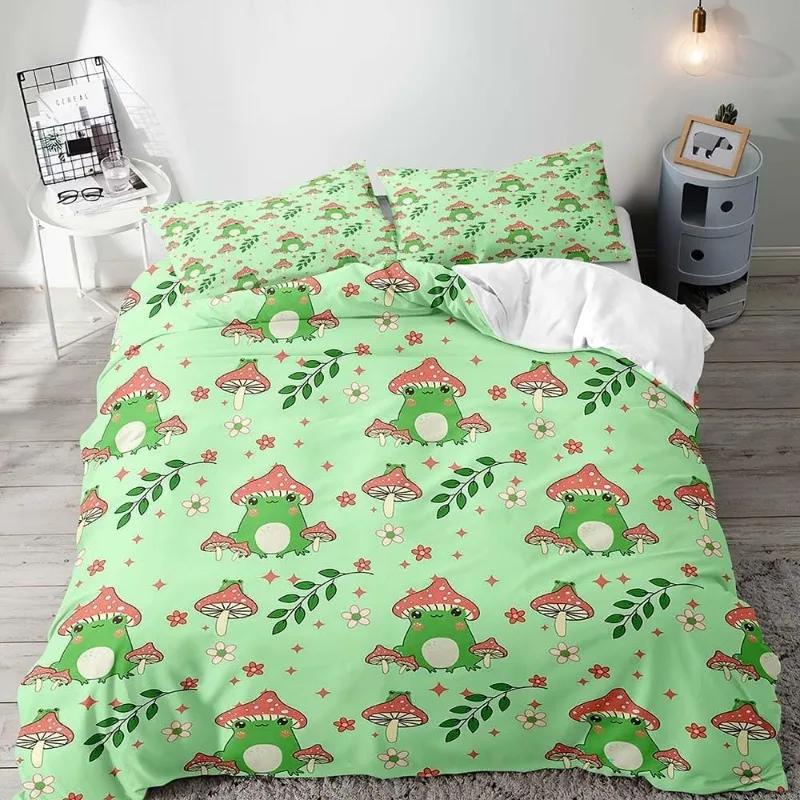 Aesthetic Boho Duvet Cover Full,3PCS  Bedding Set,Green Plant Botanical Fungus Beige Comforter Bedspread Quilt Cover