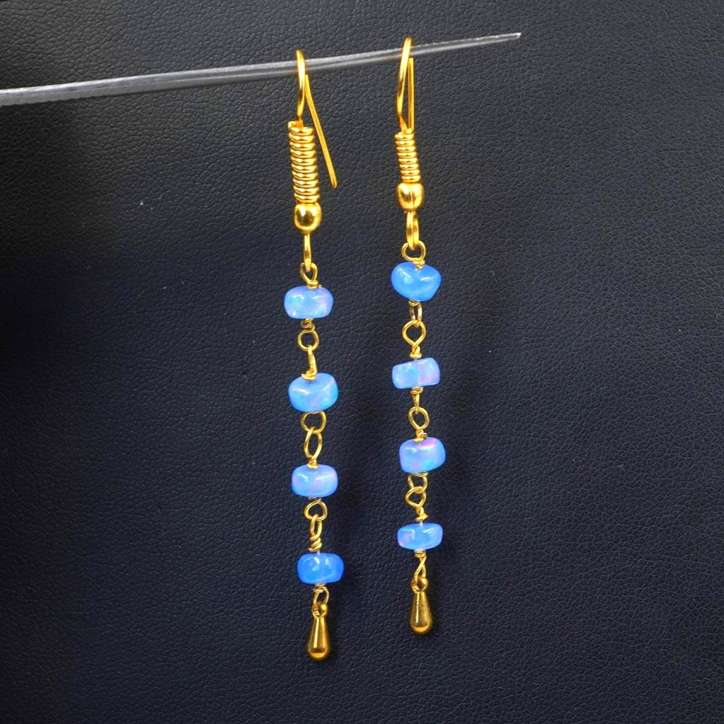 Natural Ethiopian Opal Beads Earrings Blue Multi Fire Opal 14K Gold Cabochon Beaded