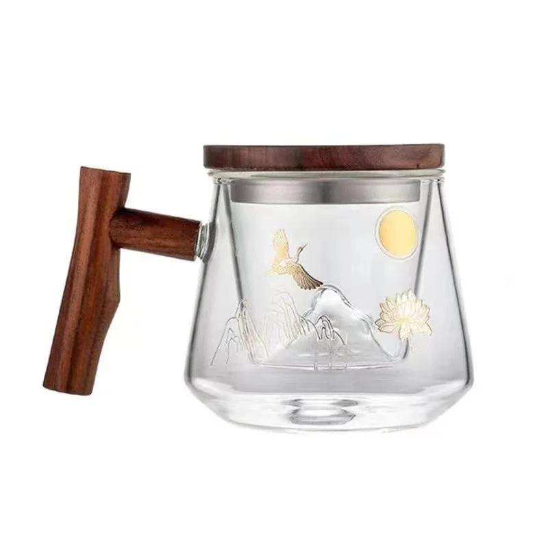 Szklany kubek do herbaty Zen Liść Bodhi 400 ml, złocony, z zaparzaczem i drewnianą rączką pokrywki, kubek do herbaty kwiatowej do biura, do oddzielania herbaty