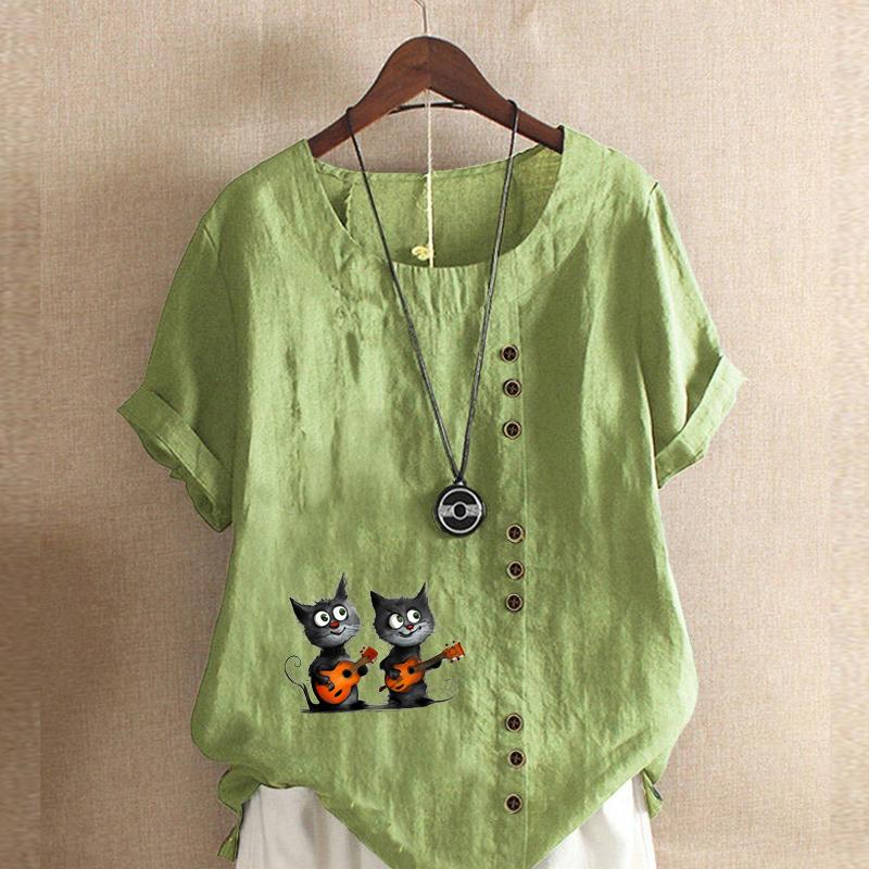 Women's Fashion Music Cat Prined Short Sleeve T-shirt Loose Cotton Shirt Casual Loose Summer Blouse Tops Plus Size