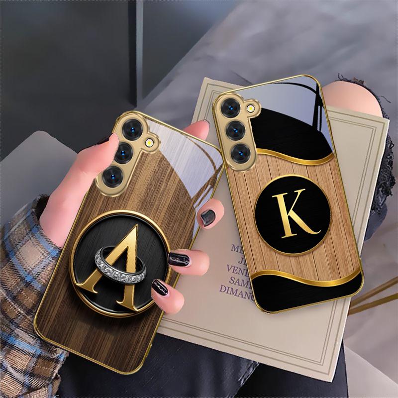 Luxurious Emblem Letters For Samsung Galaxy S26 S20 FE S21 S22 S23 Plus S24 Ultra S25Ultra S21+  S22Plus Golden Glass Phone Case