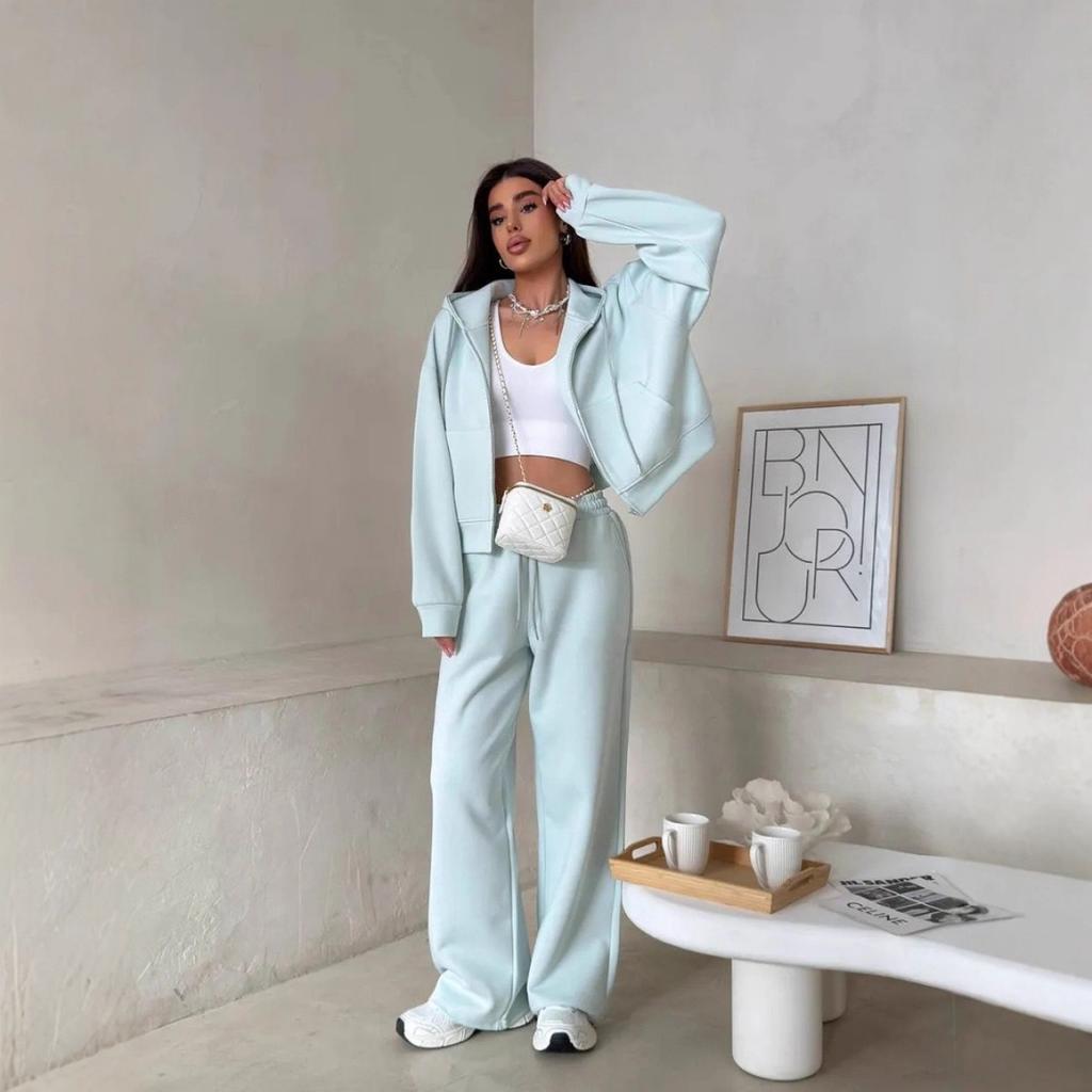 VAYLA Y2K Sportswear Women's Solid Color Long Sleeve Zippered Cardigan Hooded Sweatshirt Lace-up Trousers Two-piece Set