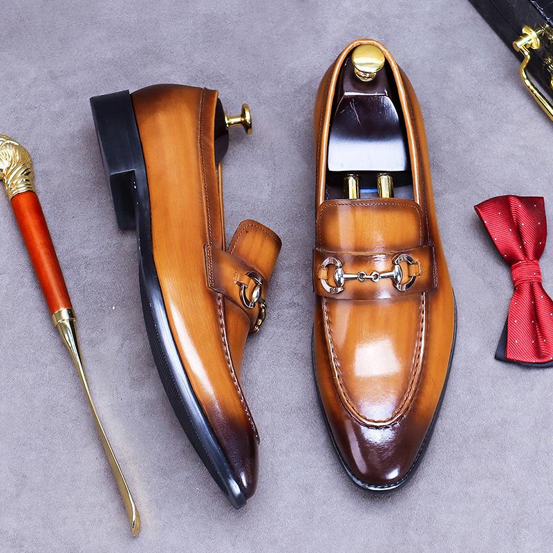 Fashion Plus Size 38-46 Black Mens Loafers Casual Business Shoes With Metal Decorated Genuine Leather Wedding Dress Shoes