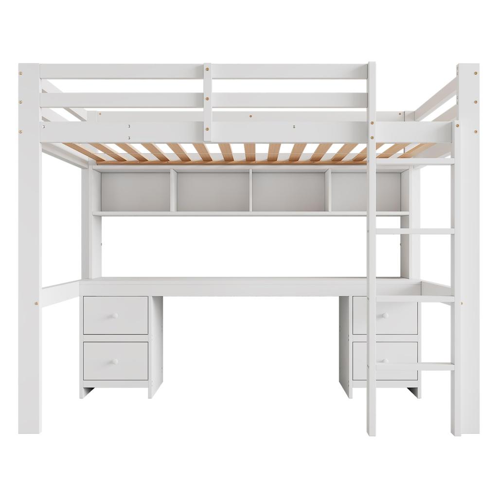 Hochbett 90x200cm Kinderbett Schreibtisch Schubladen Lagerregal Einzelbettgestell Lattenrost Geländer Treppe Jugend Erwachsene Schlafsaal Weiß
