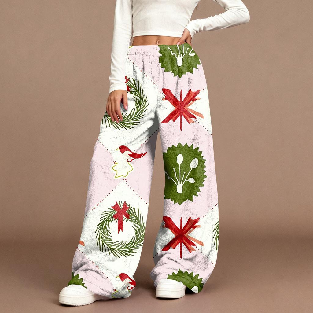 Women's Casual Fashion Christmas Print Elastic Waist Loose Plush Wide Leg Pants