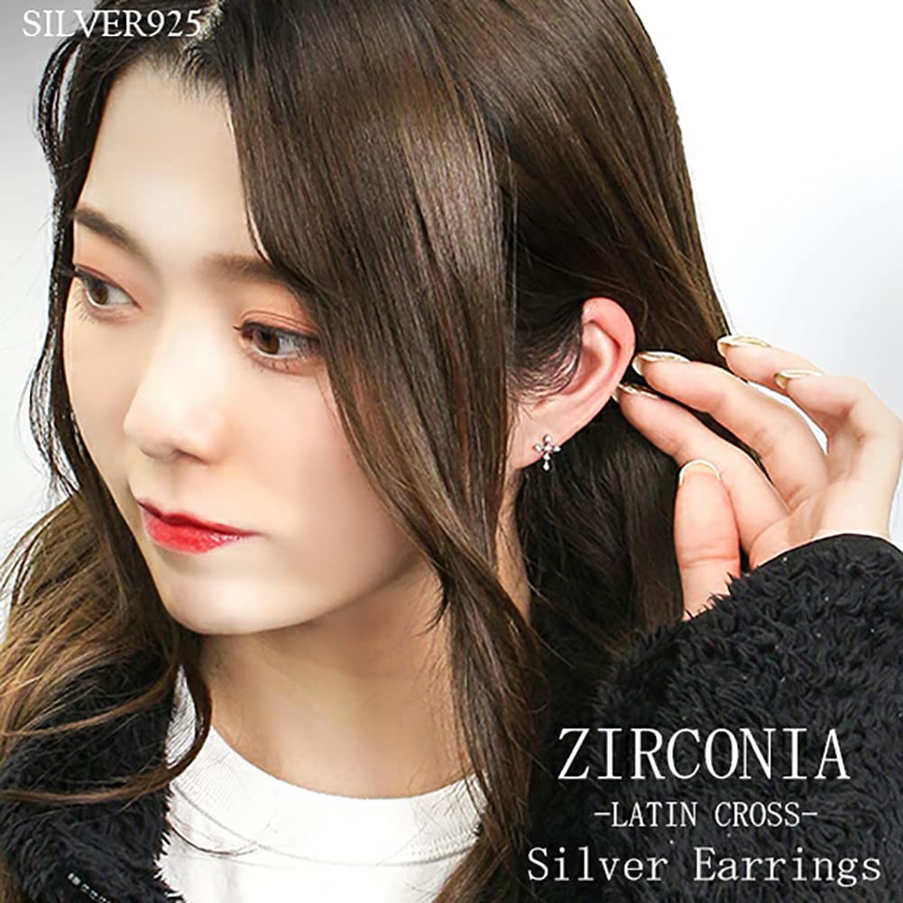 Shinjuku Gin No Kura Latin Cross Zirconia Stud Earrings, 2-Piece Set for Women, Sterling Silver 925 with Rhodium Plating, Simple and Basic Design