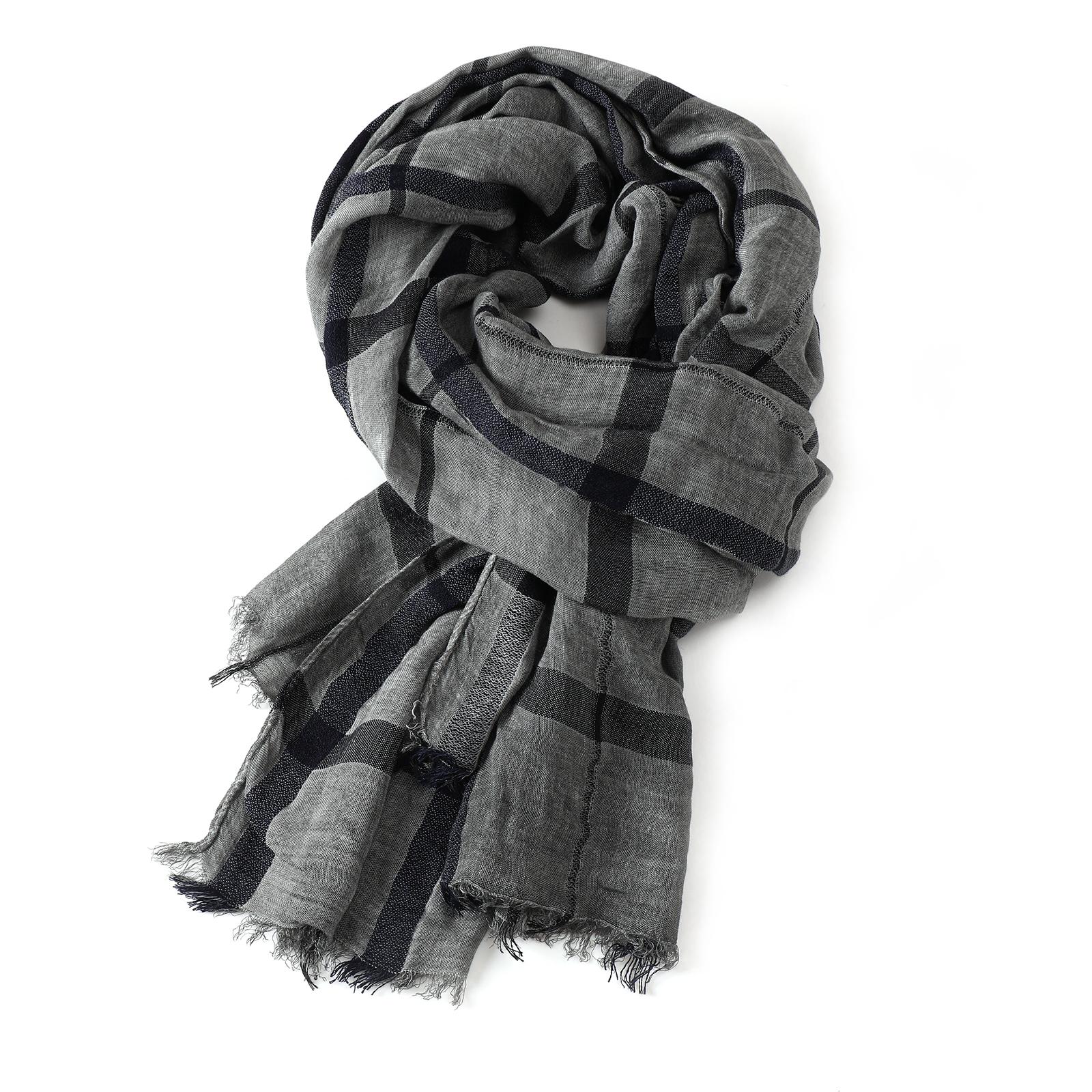 Luxuriöse karierte Baumwollleinen Herrenschals Herbst Winter Warmes Halstuch Marineblau Schwarz Kurze Quaste Bufanda Schal Herren Accessoires gray