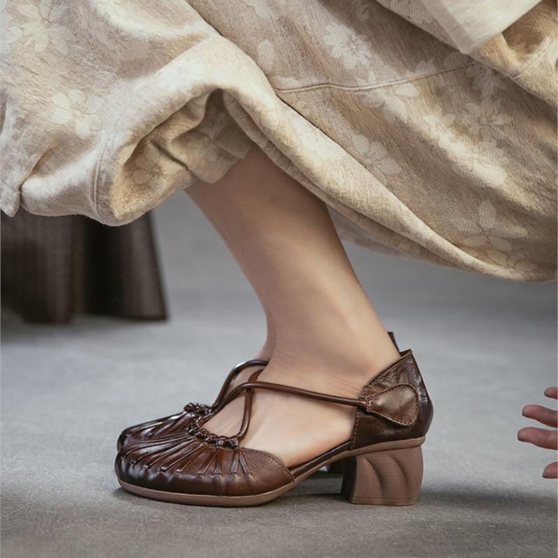 Johnature Genuine Leather French Cross Belt High Heel Sandals Fashionable Versatile Coarse Heel Women's Shoes