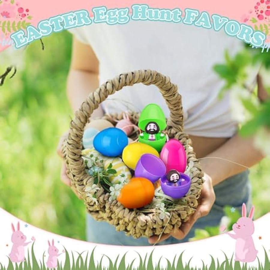 24 Pcs Easter Eggs Filled with Jesus Figurine Plastic Easter Colorful Eggs Religious Jesus Easter Basket Stuffers Party Favors
