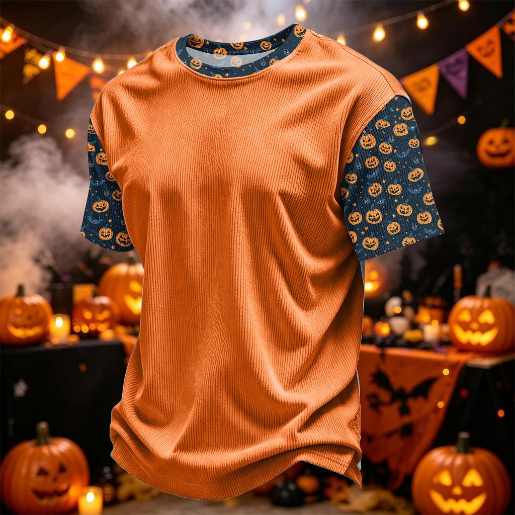 Herren Freizeit Corduroy Kurzarm T-Shirt Leicht Atmungsaktiv Rundhals Oberteil mit Halloween Print Ärmeln und Kragen Design