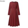 ZANZEA Women Casual Round Neck Long Sleeve A-Line Dress