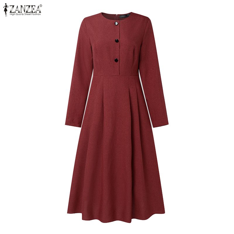 ZANZEA Women Casual Round Neck Long Sleeve A-Line Dress