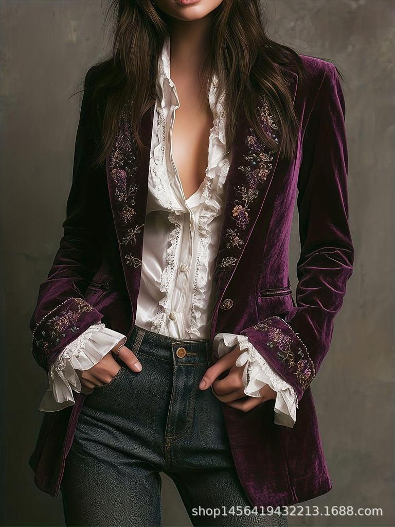 Women'S Long-Sleeved Solid Color Spliced Lace Gold Velvet Jacket