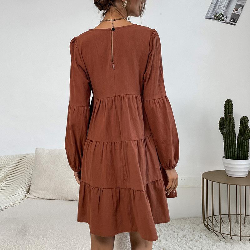 Spring and Autumn Women's Dress Cake Pleated Dresses Long Sleeve Loose Cotton Linen Dresses