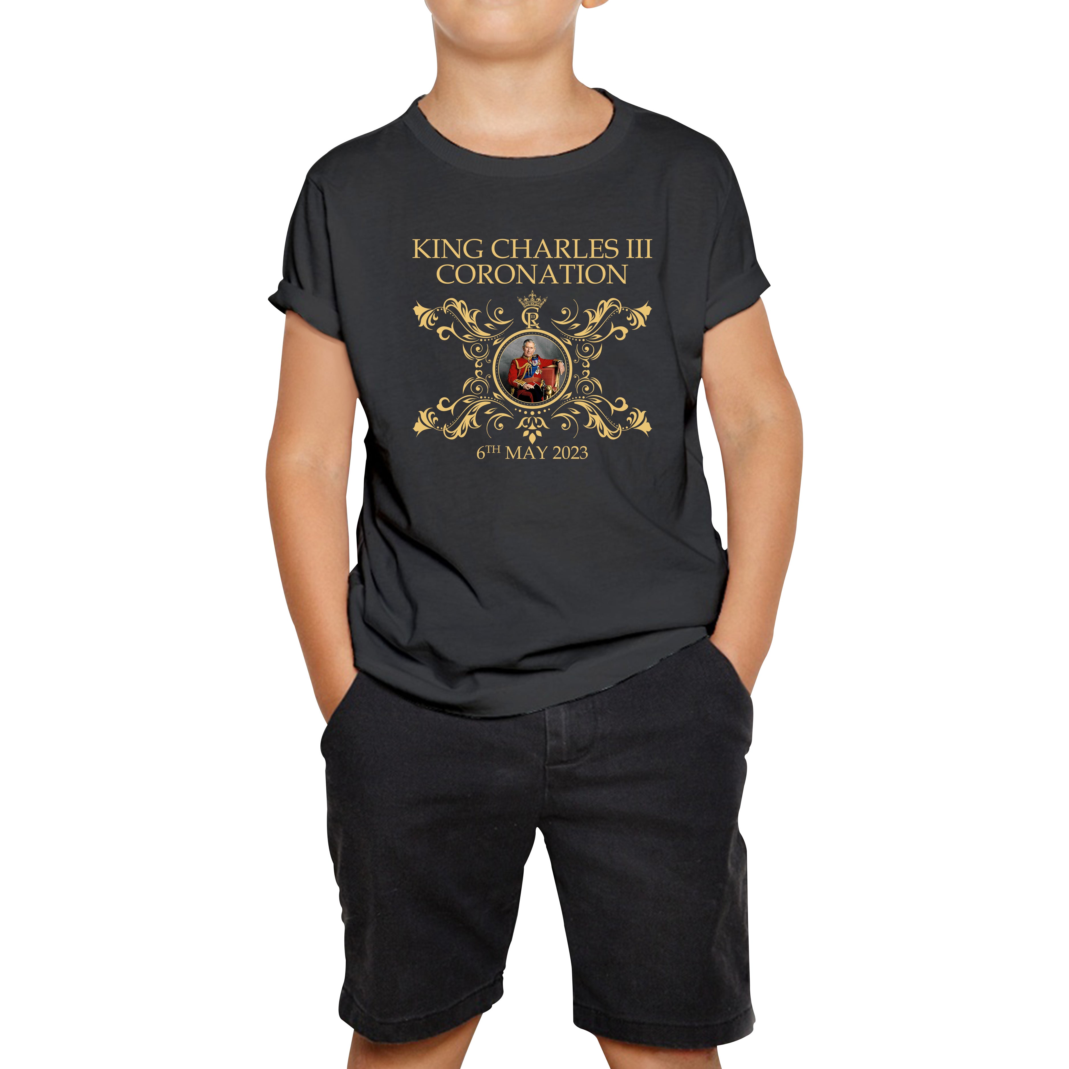 King Charles III Coronation 6th May 2023 Royal Cypher CR III Union Jack Ruling Monarch Of England Kids T Shirt 140