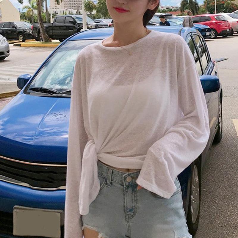 Fashion Long Sleeve Loose Sunscreen T-shirt for Women Split See Through Covers Up Loose Casual Thin Sexy Women Pullover T Shirt Strap Tee Top 2821