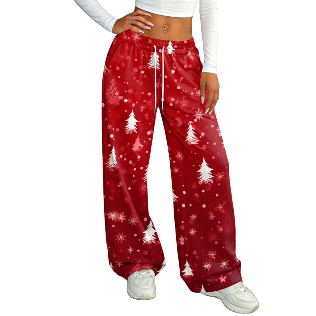Women's Casual Christmas Print Loose Fit Straight Leg -Lined Pants with Elastic Waist for Winter