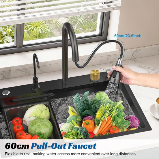 Drop in Single Bowl Bar Sink Black Waterfall Kitchen Sink, Stainless Steel with Cup Rinser, In/Undermount Farmhouse Workstation Multiple Accessories