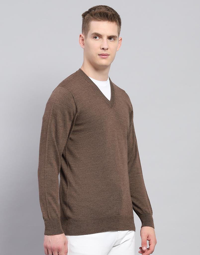 MONTE CARLO Mens Solid Brown V Neck Full Sleeve Pullover