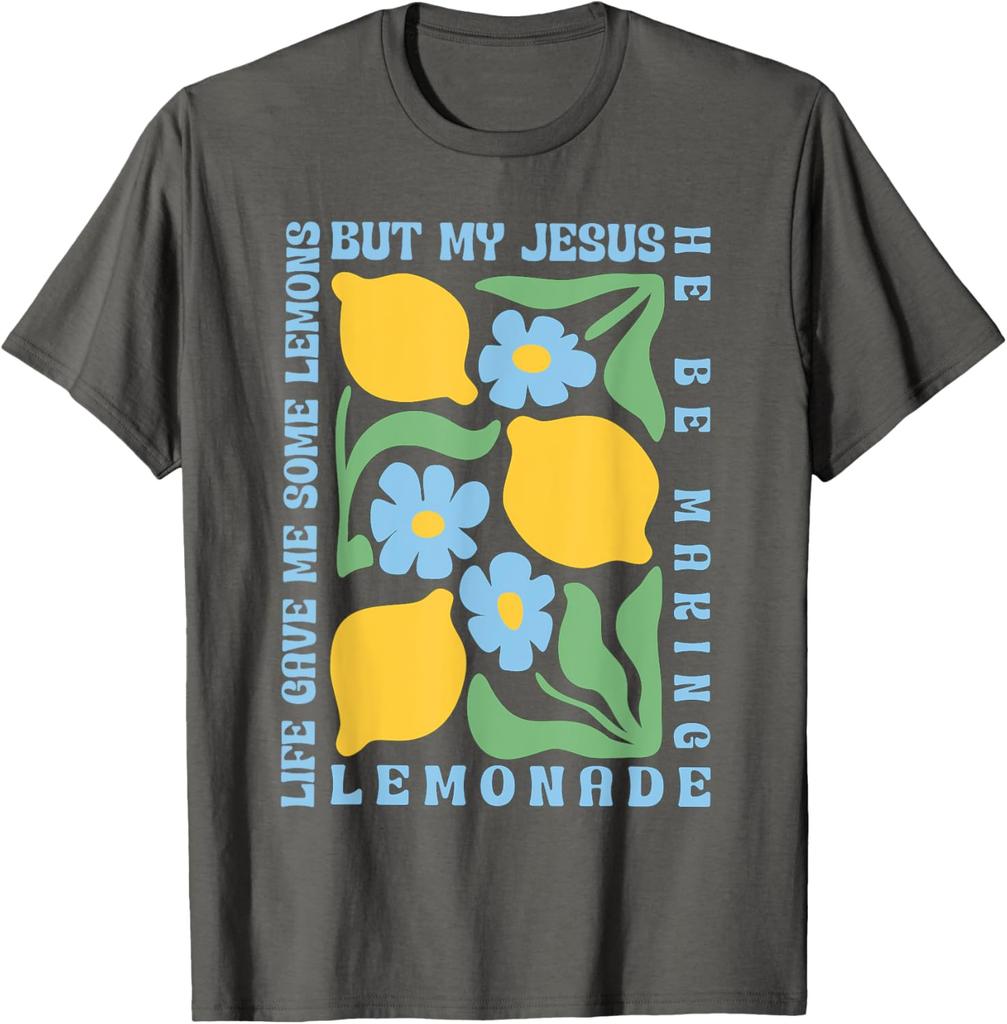 Jesus Making Lemonade Graphic Tee Religious Faith Christian Humor Short Sleeve T-Shirt Casual Tops