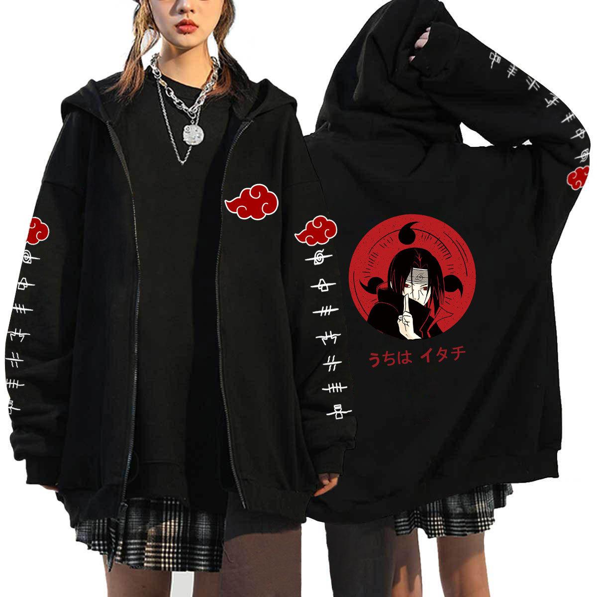 Felpe con cappuccio Naruto Anime giapponesi Uomo Kawaii Harajuku Manga Cappotti con cerniera grafica Uchiha Itachi Sasuke Felpe streetwear stampate Pullover unisex Top S