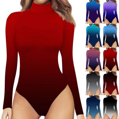 T-shirt une pièce pour femme, haut slim à manches longues et col mi-haut, dégradé de couleurs, automne et hiver