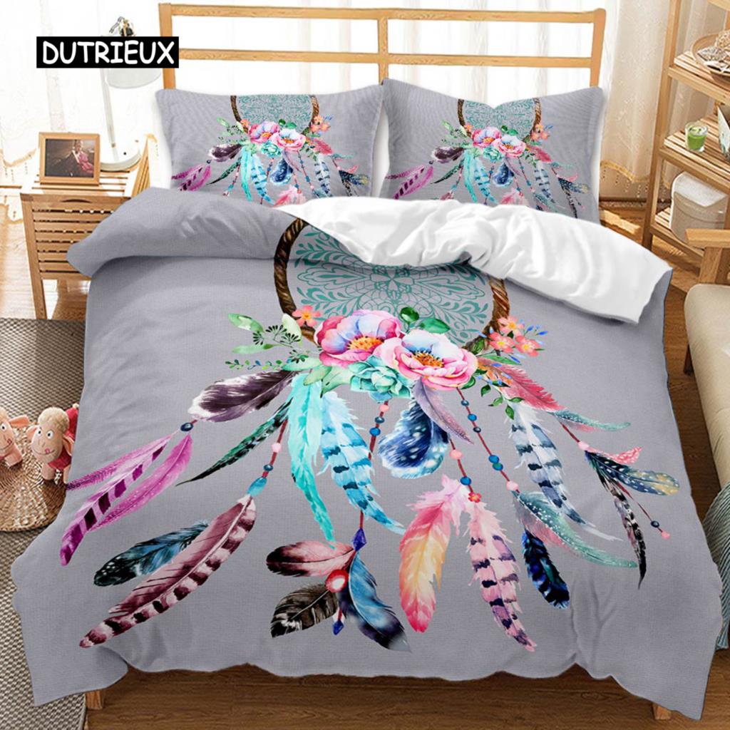 

Пододеяльник «Ловец снов» с зелеными перьями, комплект постельного белья с зелеными полосками, полиэстеровый пододеяльник в индийском племенном стиле EU single(135x200cm)