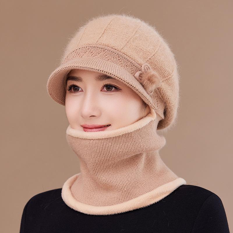 Knitted Wool Hat Scarf Integrated Women's Winter Velvet Thickened Warm In The Elderly Cycling Cold Hat
