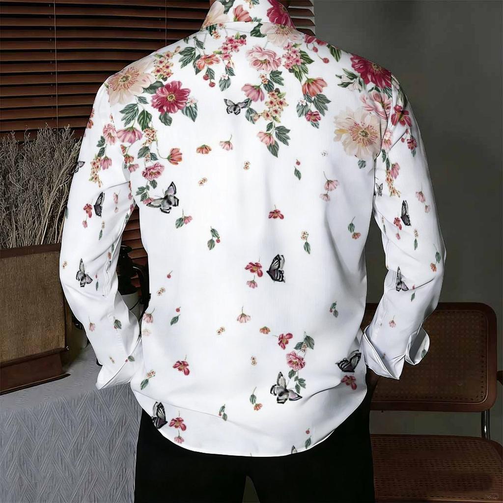 Camisa de Hombre con Cuello Blanco Multicolor Acuarela Hierba Silvestre Estampado Floral Manga Larga Botones Arriba