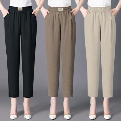 Summer Middle-aged and Elderly Mothers' Pants Straight-leg Casual Pants Elastic High Waist Nine-point Loose Harem Pants Slim Large Size