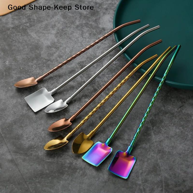 Creative 304 Stainless Steel Watermelon Scraper Spoon Spiced Straw for Beverages And Coffee Stirring Kitchen Utensil