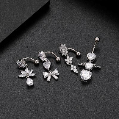 1Pcs Reverse Dangel Belly Button Piercing Heart With Wings Flower Navel Ring