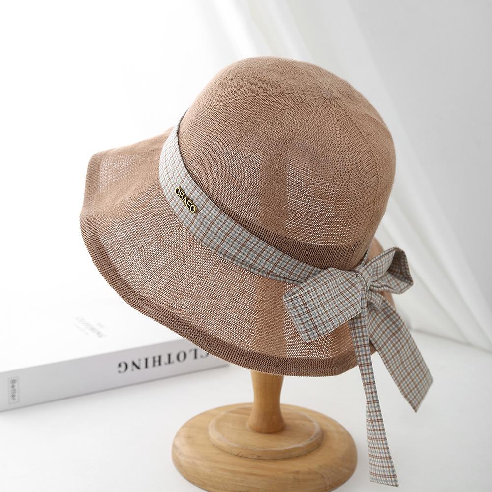 

Уличная шляпа-ведро 2025, женская летняя маленькая свежая японская и корейская солнцезащитная пляжная шляпа с бантом, защита от ультрафиолета для моря M（56-58cm） света кофе
