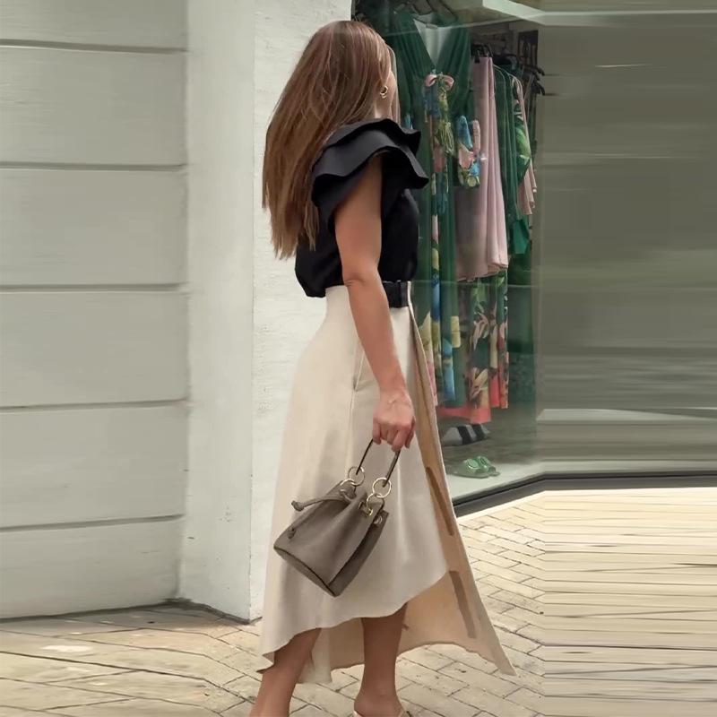 Summer 2024 European & American Women's Ruffle Top and High-Waisted Midi Skirt Two-Piece Casual Set