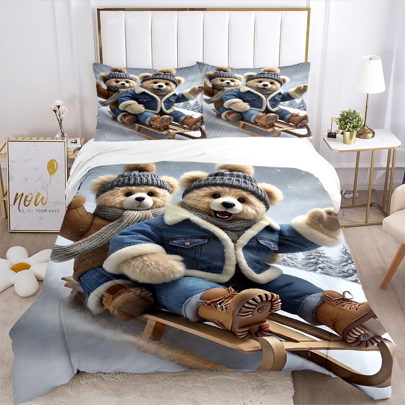 3pcs Anime Cartoon Bear Winter Sled Bedding Set - Includes One Quilt Cover and Two Pillowcases (No Core) - Polyester Fabric, Festive Gift fo