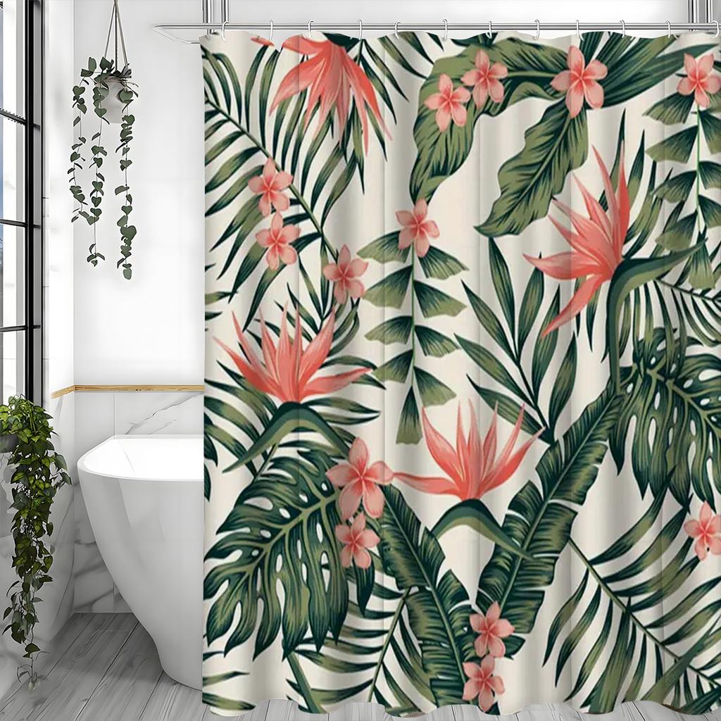 Tropikalna botaniczna zasłona prysznicowa, Zielona palma liść bananowca różowe kwiaty las deszczowy botaniczny naturalny vintage styl bohemy F