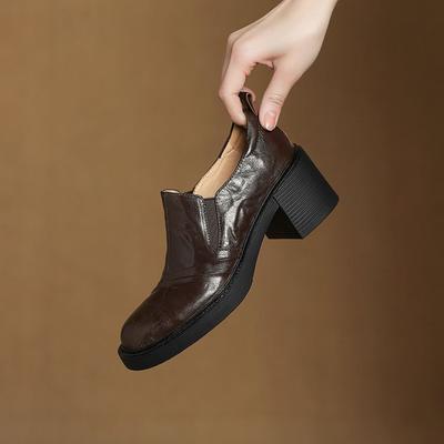 Moda NOWOŚĆ Jesień/Wiosna Damskie Czółenka Okrągły Czubek Gruby Obcas Buty Skórzane Buty dla Kobiet Wsuwane Damskie Mokasyny Buty na Wysokim Obcasie