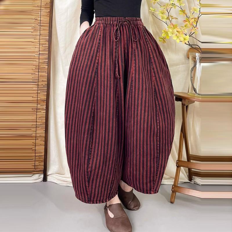 Cotton Linen Casual Pants Women Autumn Vintage Style Striped Female High Waist Harem Pants