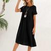 Damekjole Rund hals Kort erme Knelengde Ensfarget Kjole med Lommer Løs passform Sommerkjole