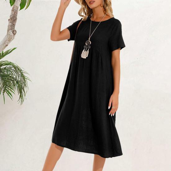 Dámské šaty Kulatý výstřih Krátký rukáv Ke kolenům Jednobarevné šaty s kapsami Volný střih Letní šaty