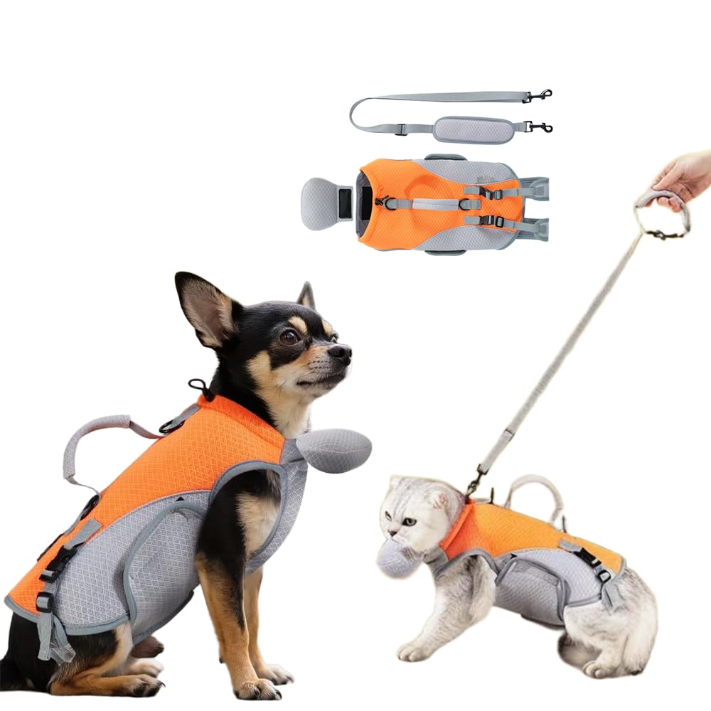 

THKWOO Маленькая шлейка для выгула собаки и кошки с регулируемой съемной дышащей стильной и подходящей для подъема по лестнице шлейкой для бишона, помощь, поводок 3-в-1, оранжевый
