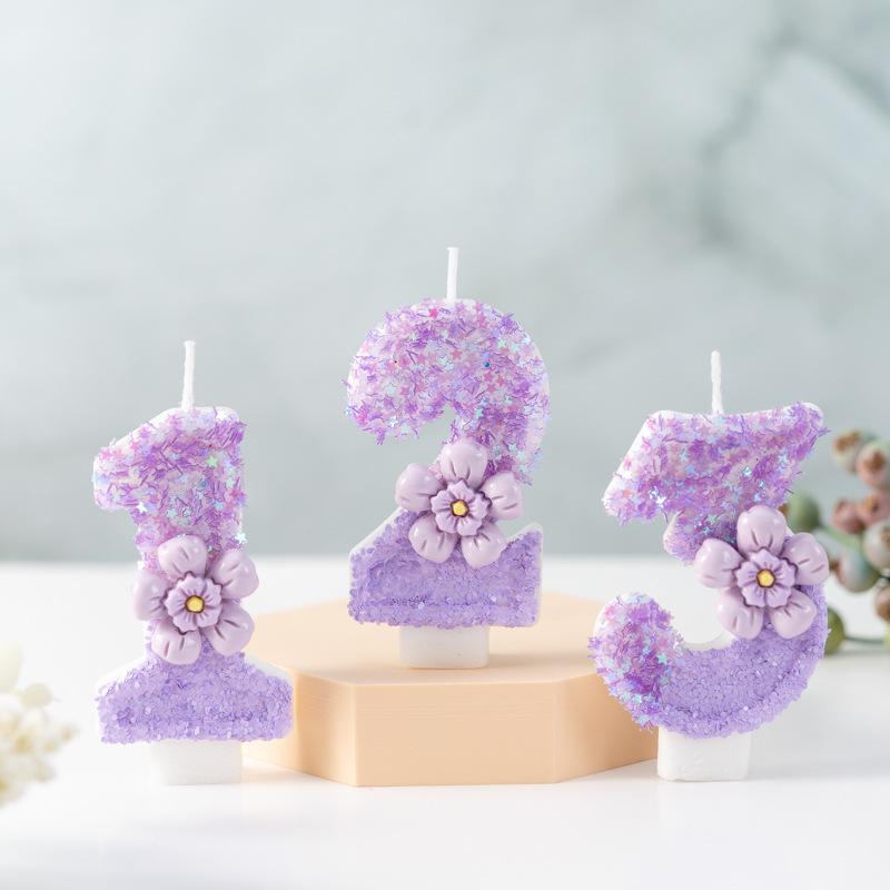 Purple Flowers Creative Numbers Birthday Candles First Year Cake Party Decoration
