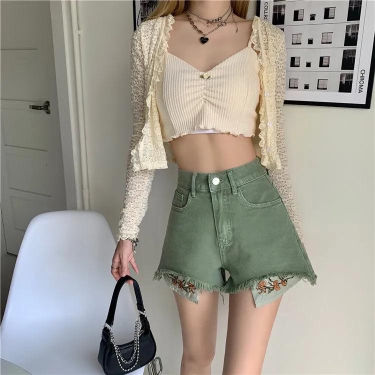 2024 Yaz Yeşil Yüksek Bel Geniş Paça Cepli Nakışlı Denim Şort - Çok Yönlü Büyük Beden