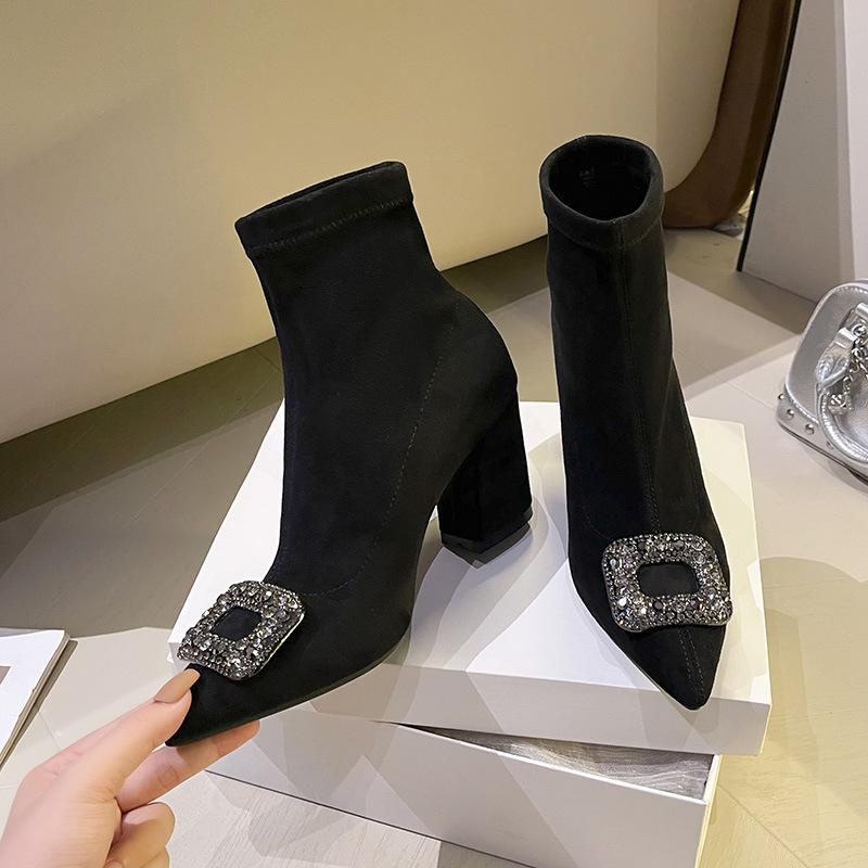 

Французские ботильоны на толстом высоком каблуке для женщин, осенне-зимние, со стразами, квадратной пряжкой, эластичные тонкие ботинки, легкая роскошь, темперамент, заостренный носок и а 36