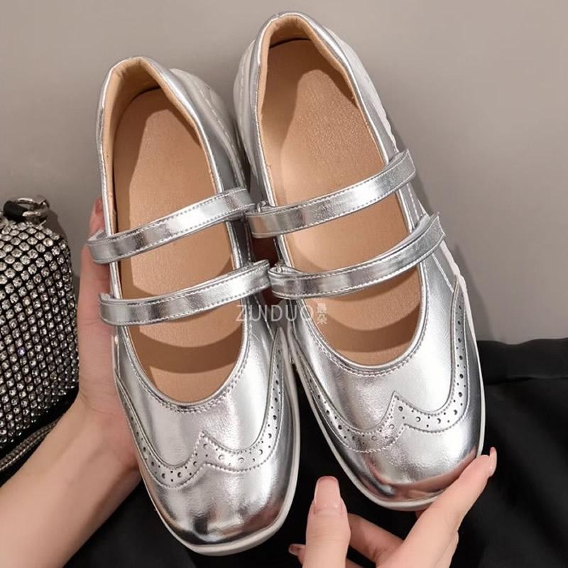 Silberne Schuhe mit dickem Absatz, die die Körpergröße erhöhen, Französischer Vintage-Stil, Damen Mary Janes, Lässig, Sportlich, Ballett, Einzelne Schuhe, Damen, Sommer, Gummisohle