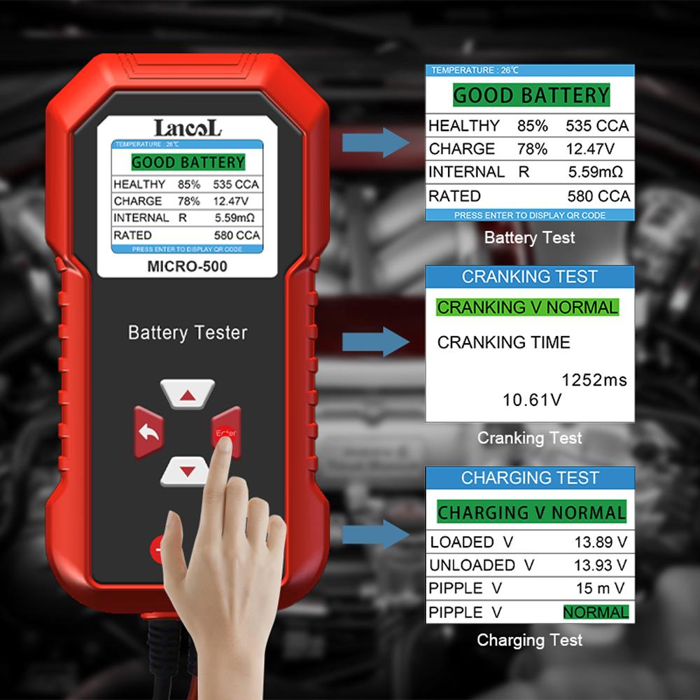 12V Car Battery Tester Lancol Micro 500 40-3000 CCA Lithium Battery Test Lead Acid Battery Analyzer LED Display