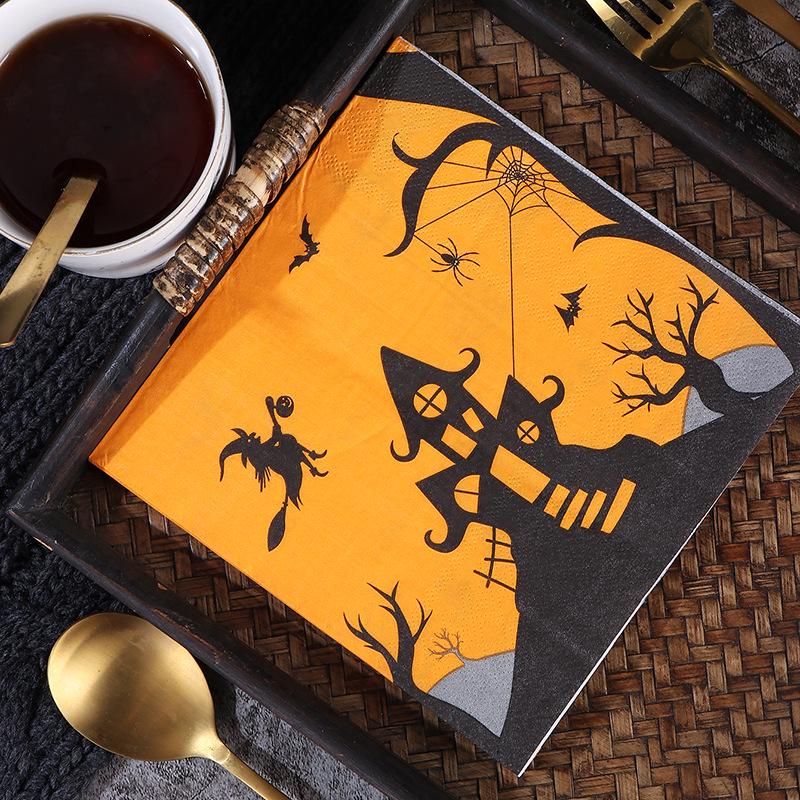 Haunted House Halloween Napkins: Orange & Black, Square, Witch & Cat Design